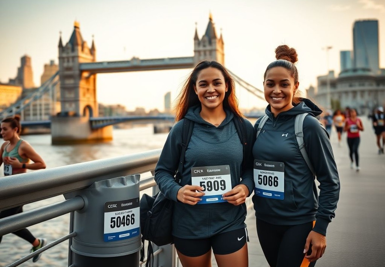 London Marathon runners on iconic course passing Tower Bridge and Thames landmarks