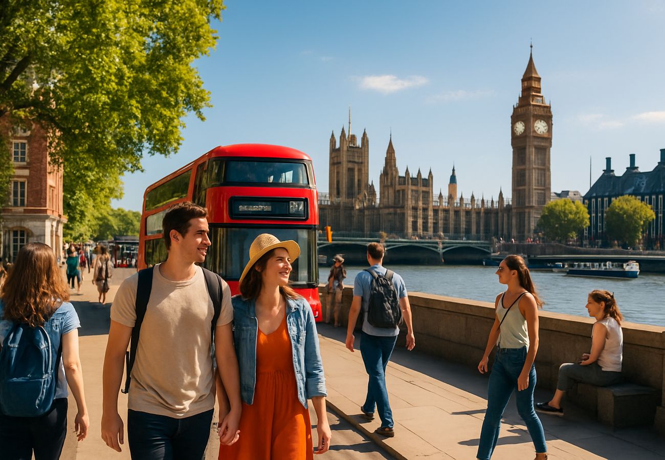London red double-decker bus on city street with historic architecture