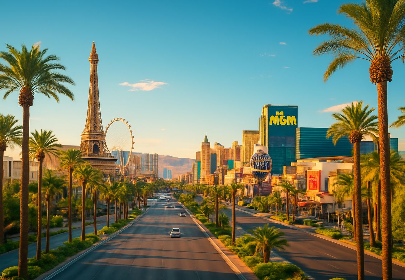 Las Vegas skyline at night with neon lights and casinos illuminated