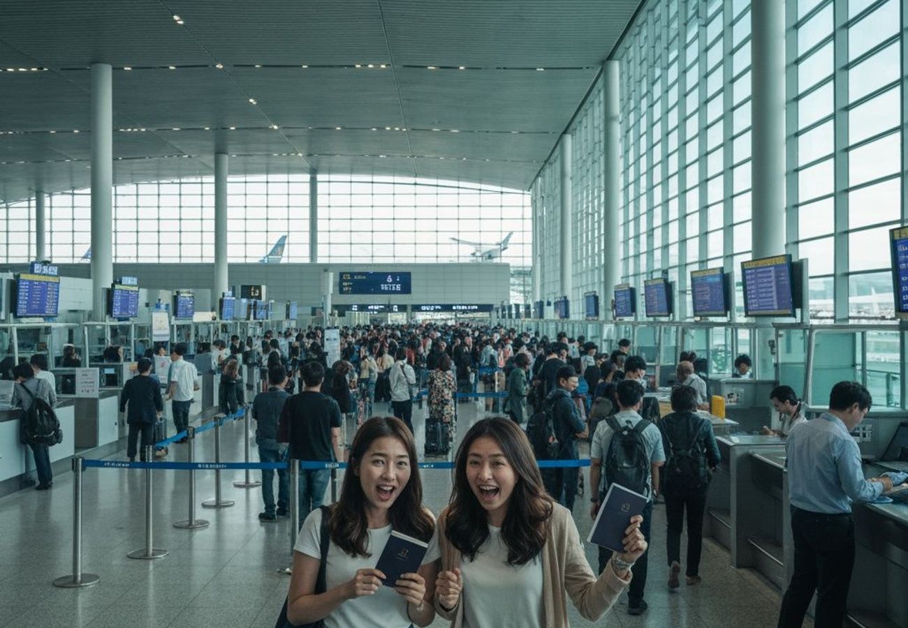 Incheon International Airport terminal with crowds of international travelers