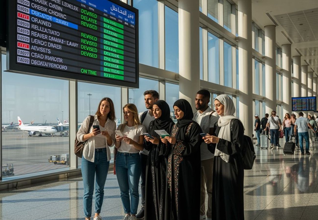 Global map highlighting Middle East region with travel advisory updates