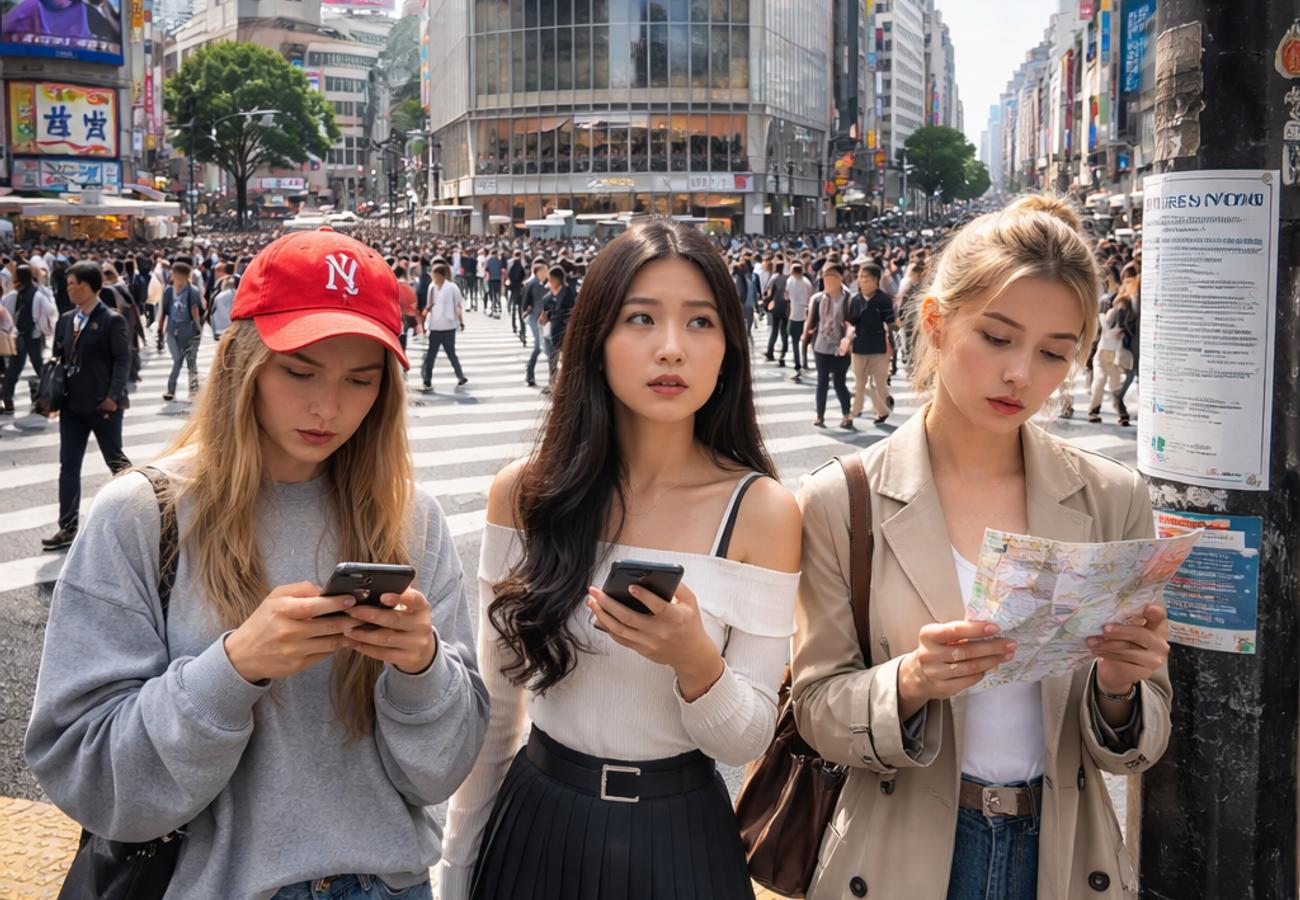 Shibuya Crossing in Tokyo with enforcement officers patrolling crowded streets