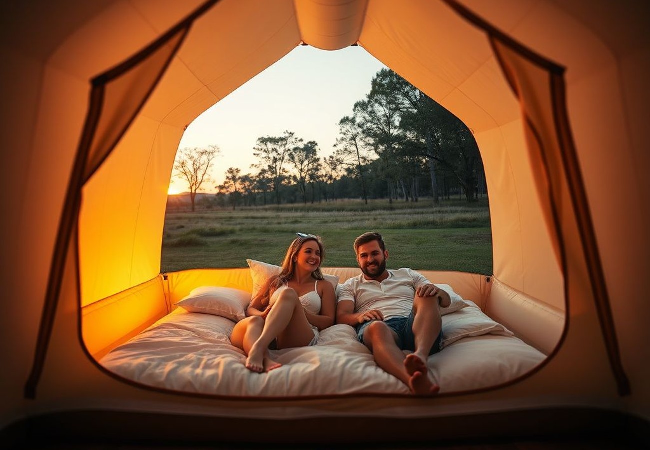 Yoleny 10-person inflatable glamping tent with skylight and dual bedrooms set up in a backyard