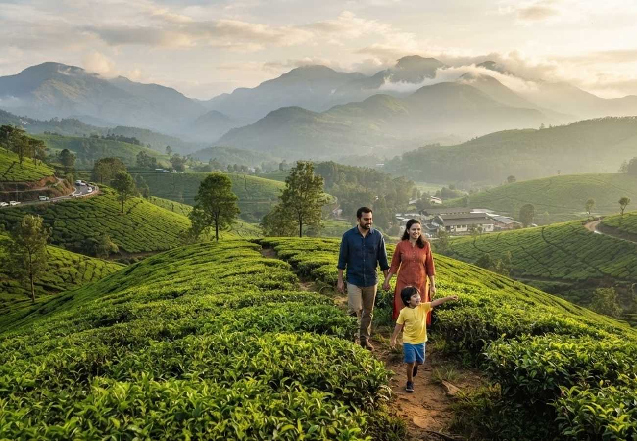 Panoramic view of misty Indian mountains and lush greenery