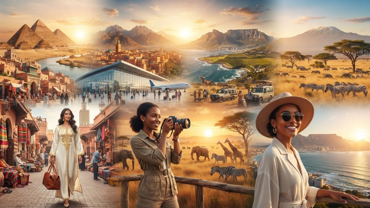 A scenic sunset view of wild giraffes walking across the African savanna against a golden sky.