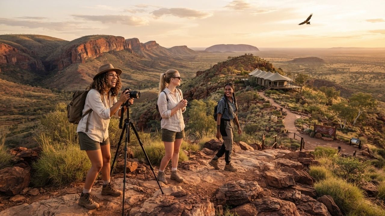 A majestic sunset over the ancient red sand dunes and spinifex grass of the Australian outback near Alice Springs