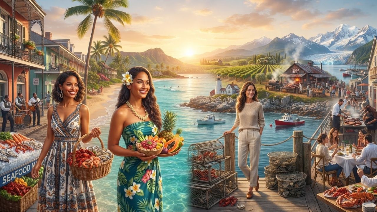 A photorealistic depiction of regional American food harvests including fresh oysters, smoked brisket, and tropical fruits.