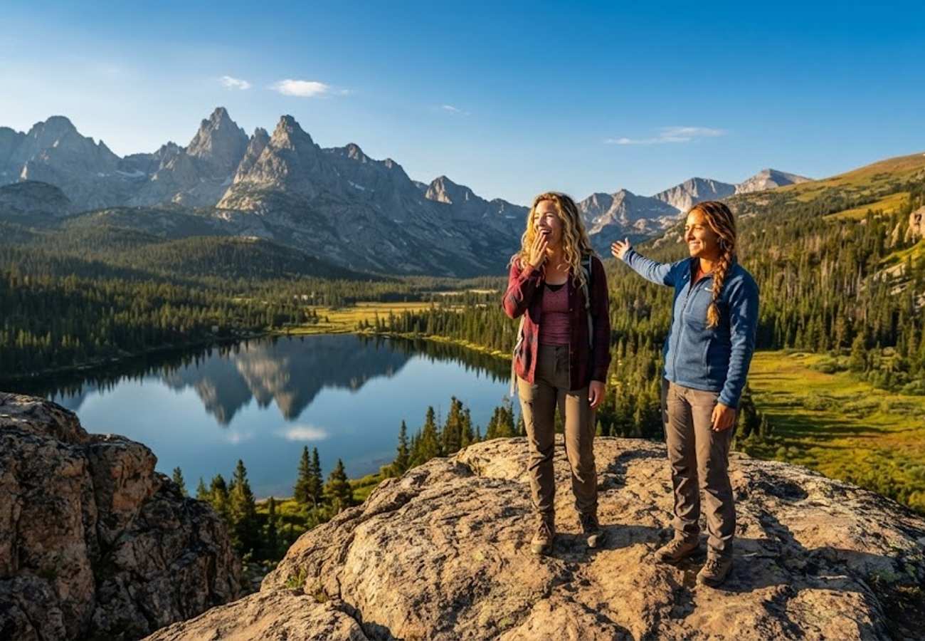 Dramatic mountain peaks in Wyoming with alpine lakes reflecting snow-covered summits