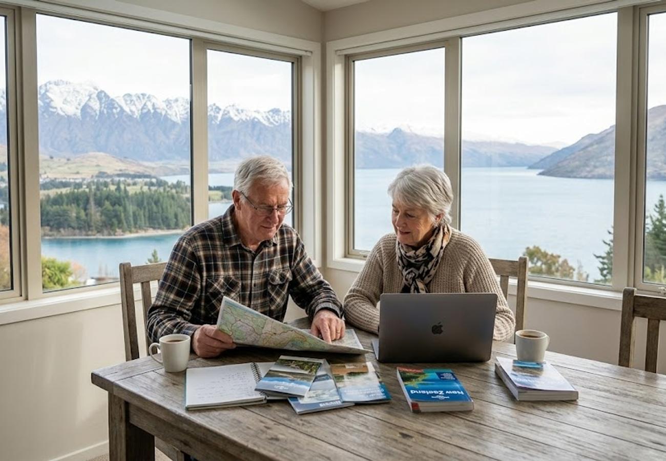 New Zealand travelers reviewing AMI travel insurance documents before an international flight