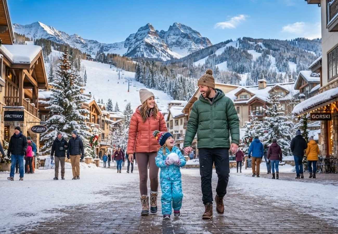Snow covered mountain peaks and luxury alpine resorts in the United States