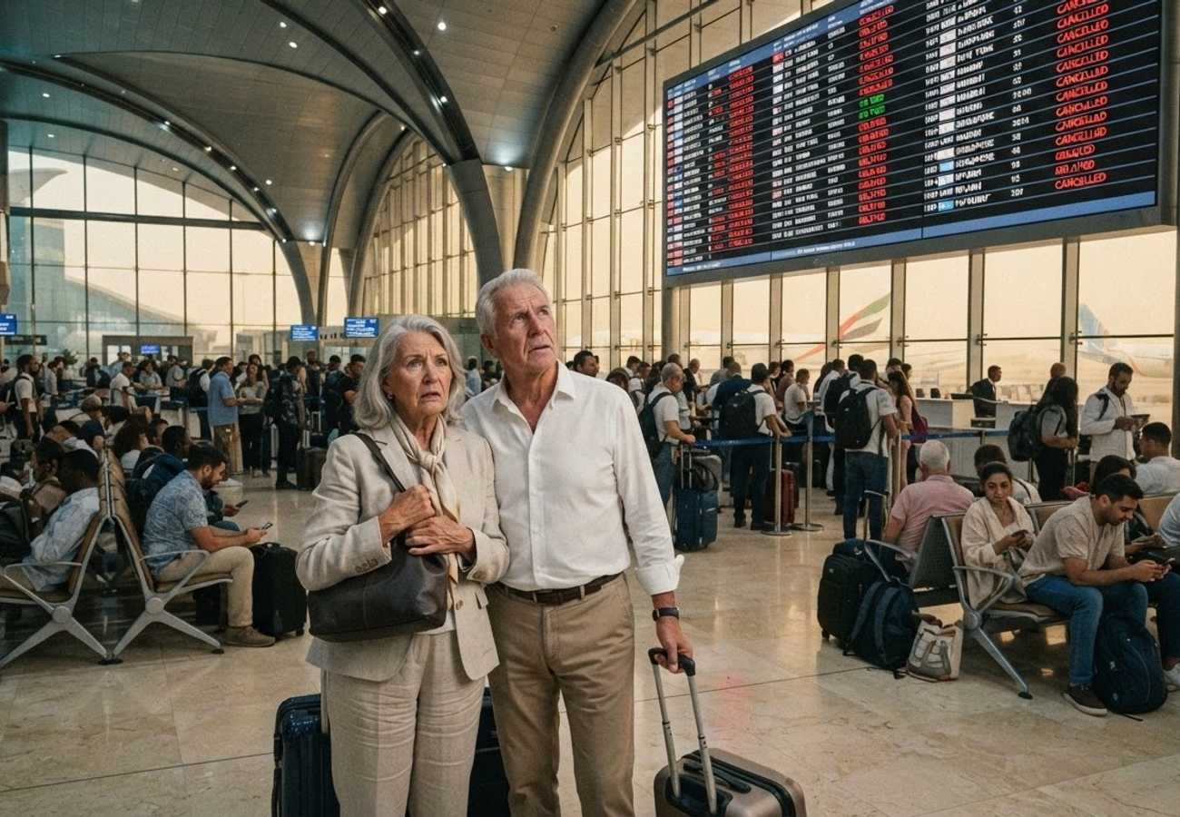 Aerial view of a major Middle Eastern aviation hub during security disruptions