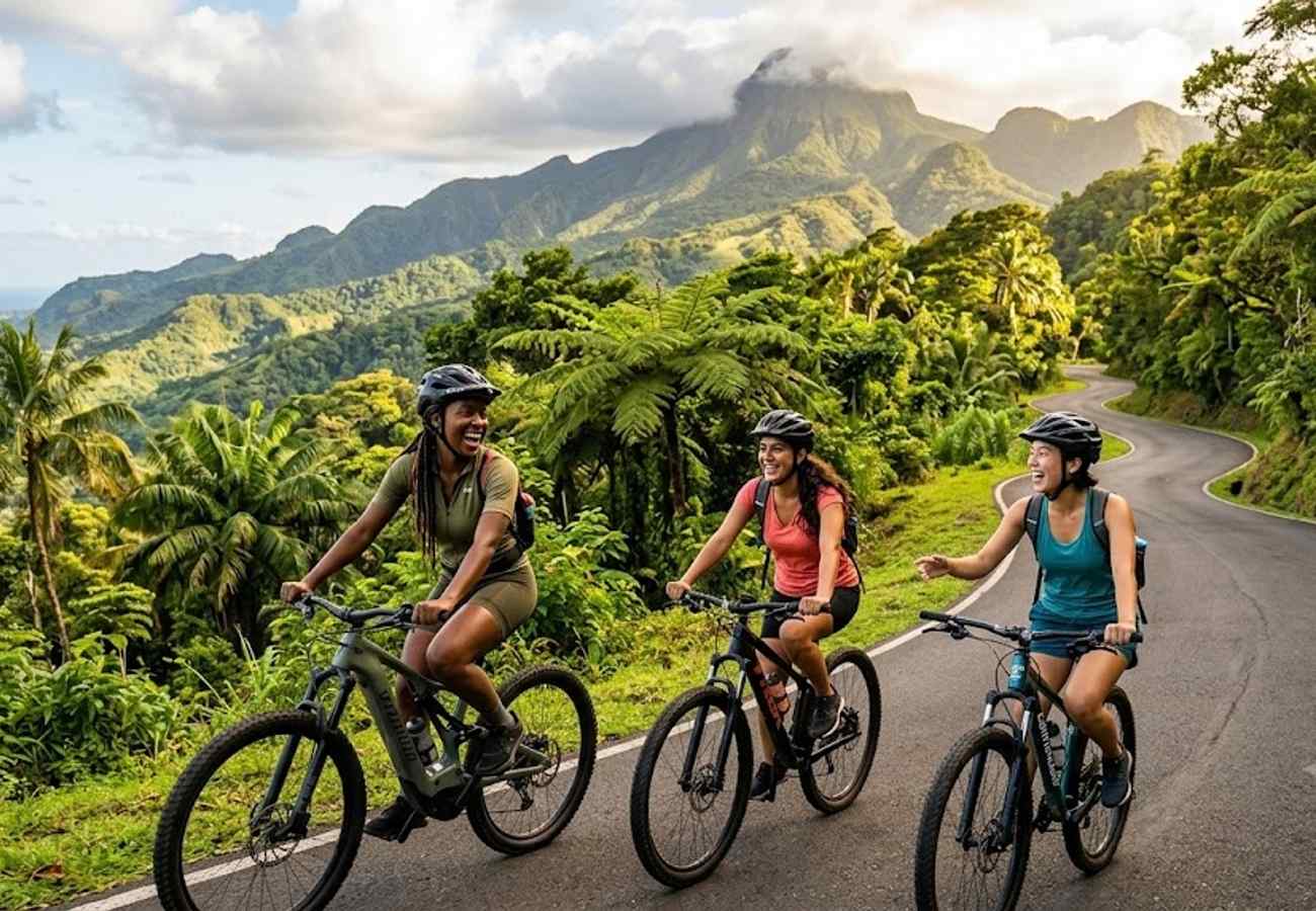 Cyclists navigating a tropical Caribbean coastal trail