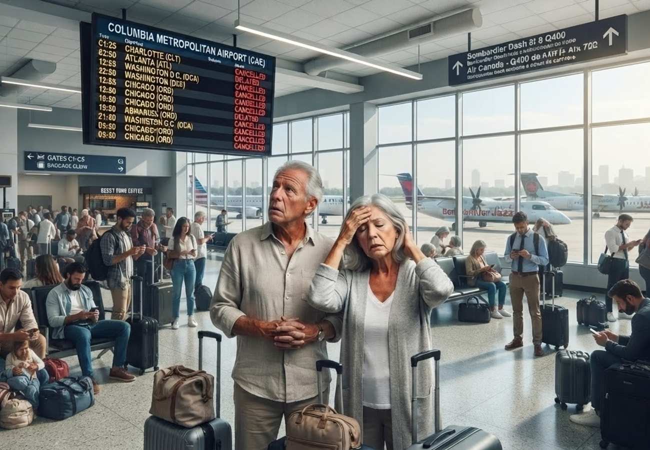 Aerial view of a busy Canadian airport terminal during peak summer travel