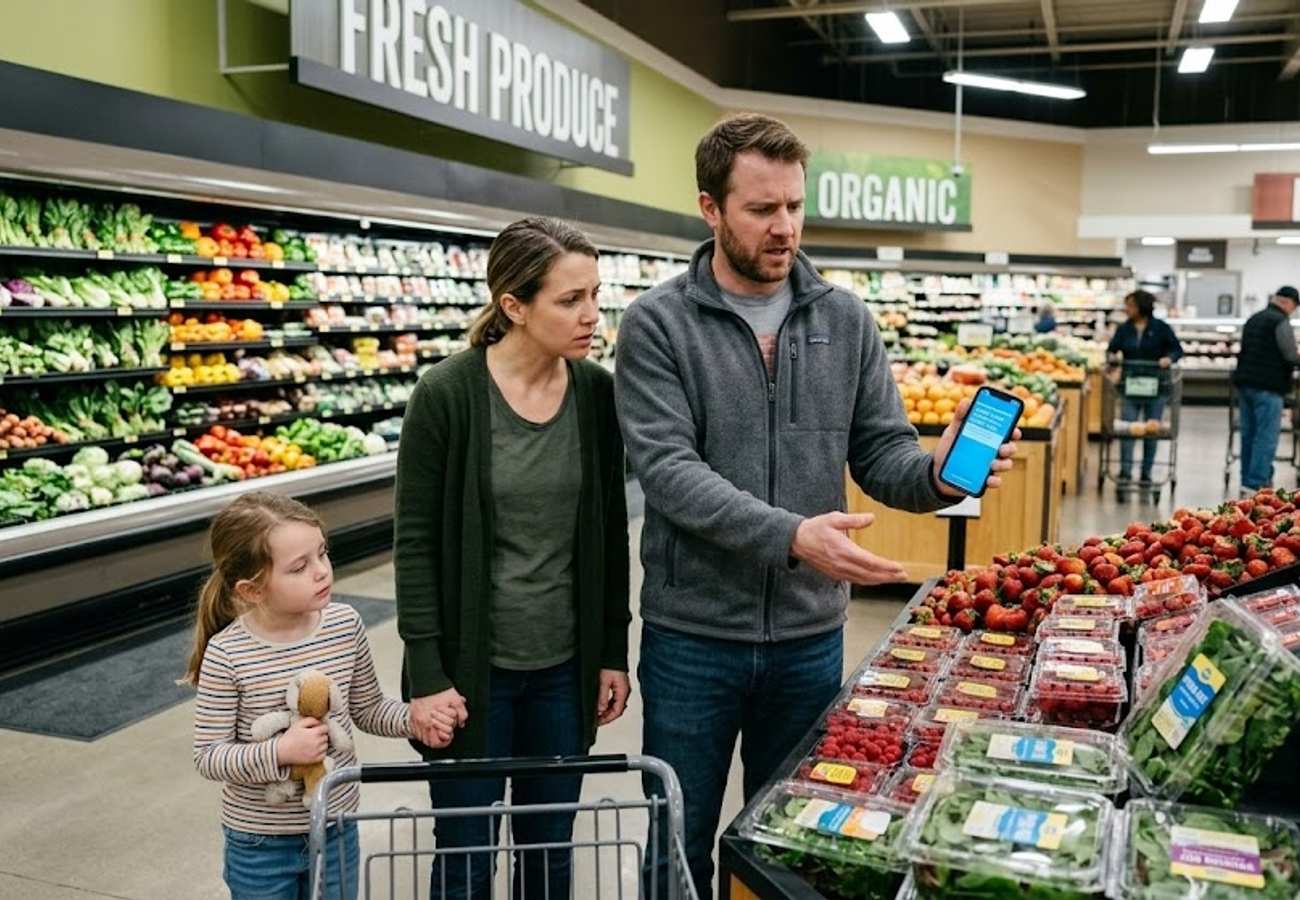 Health warning sign and fresh produce representing food safety risks in the US