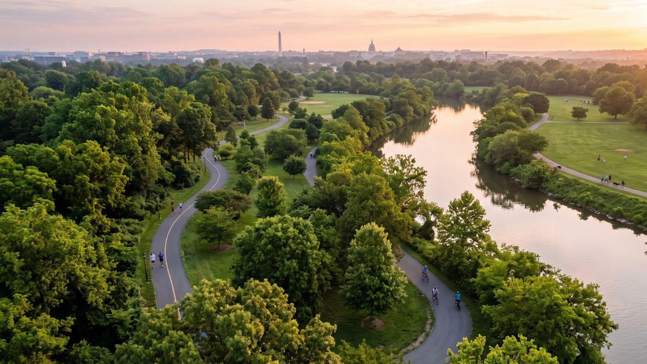 Aerial view of a lush urban park with walking trails and greenery
