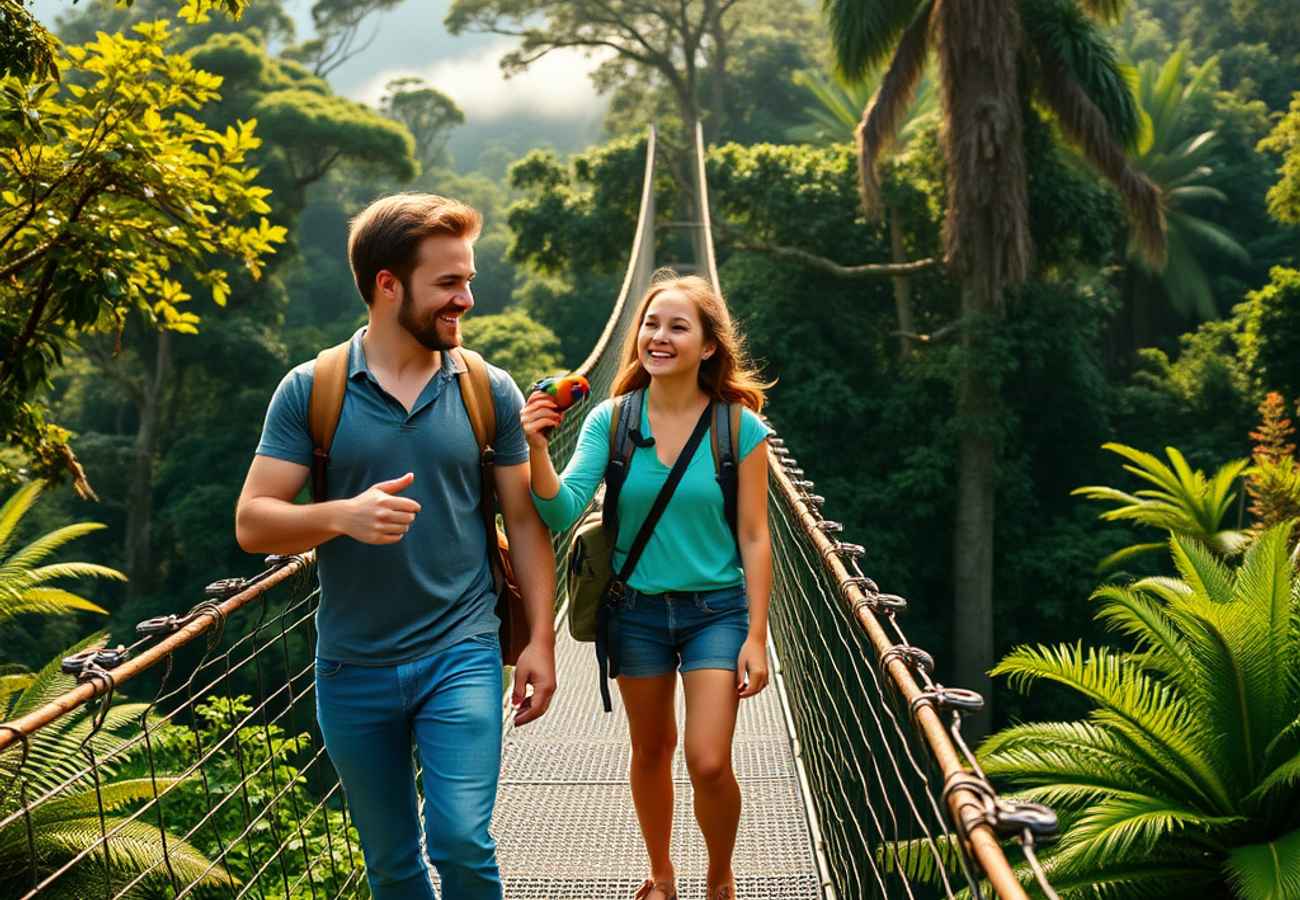 Lush Costa Rican rainforest with volcanic peaks and diverse wildlife