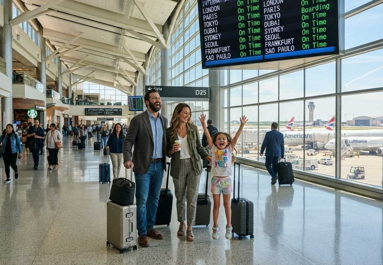 Modern international airport terminal with aircraft and passengers