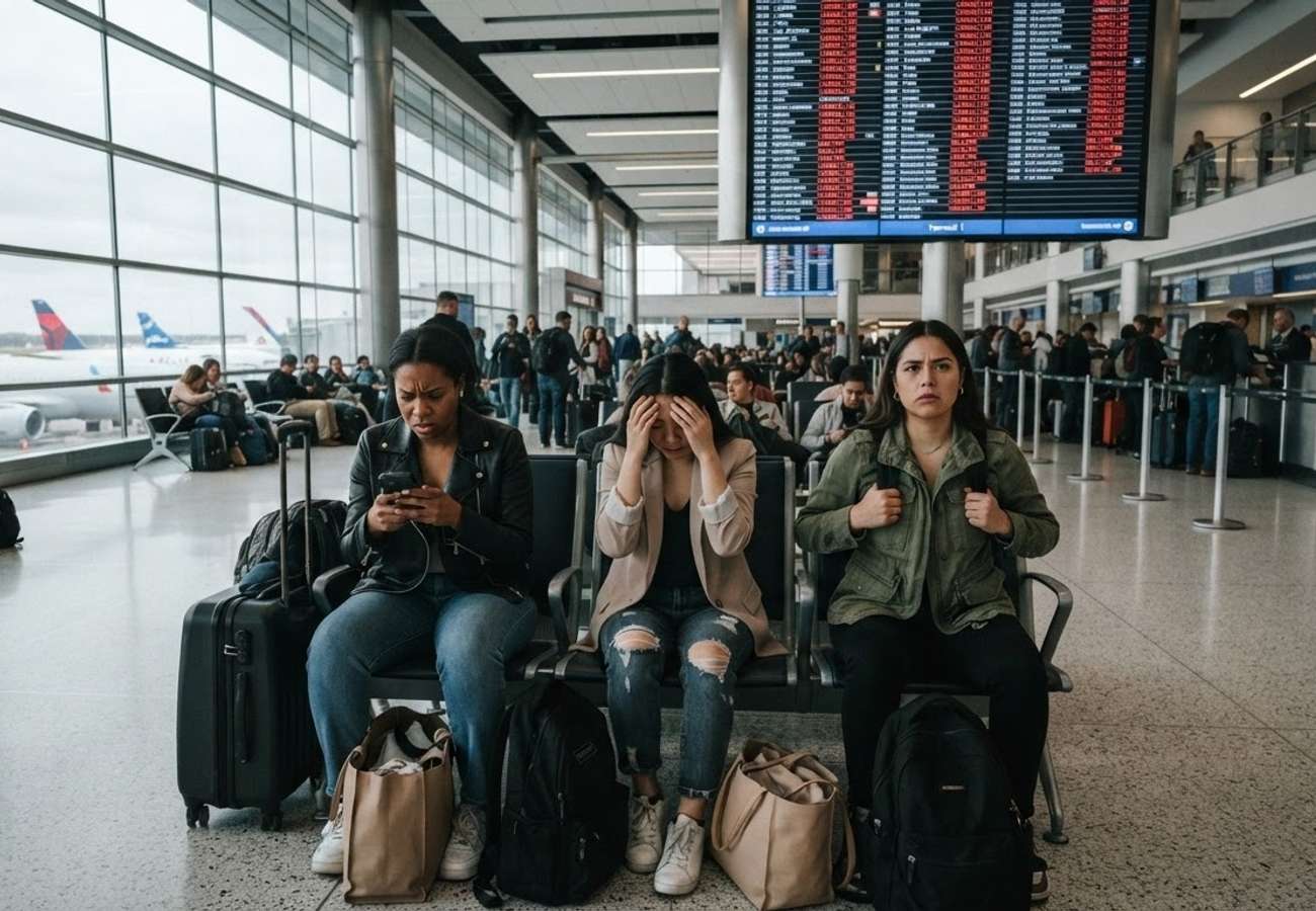 Delta Air Lines aircraft and passengers at a busy airport terminal