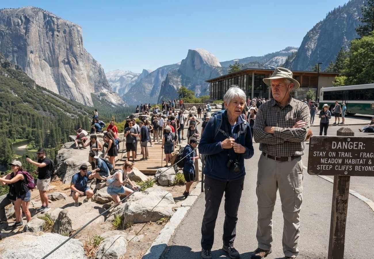 Scenic view of Yosemite Valley highlighting the contrast between managed paths and wild terrain