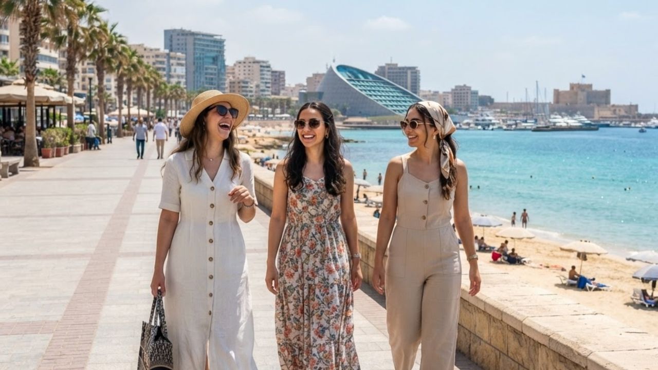 A scenic view of the crystal-clear turquoise waters and white sandy beaches of Marsa Matrouh along Egypt's Mediterranean coast