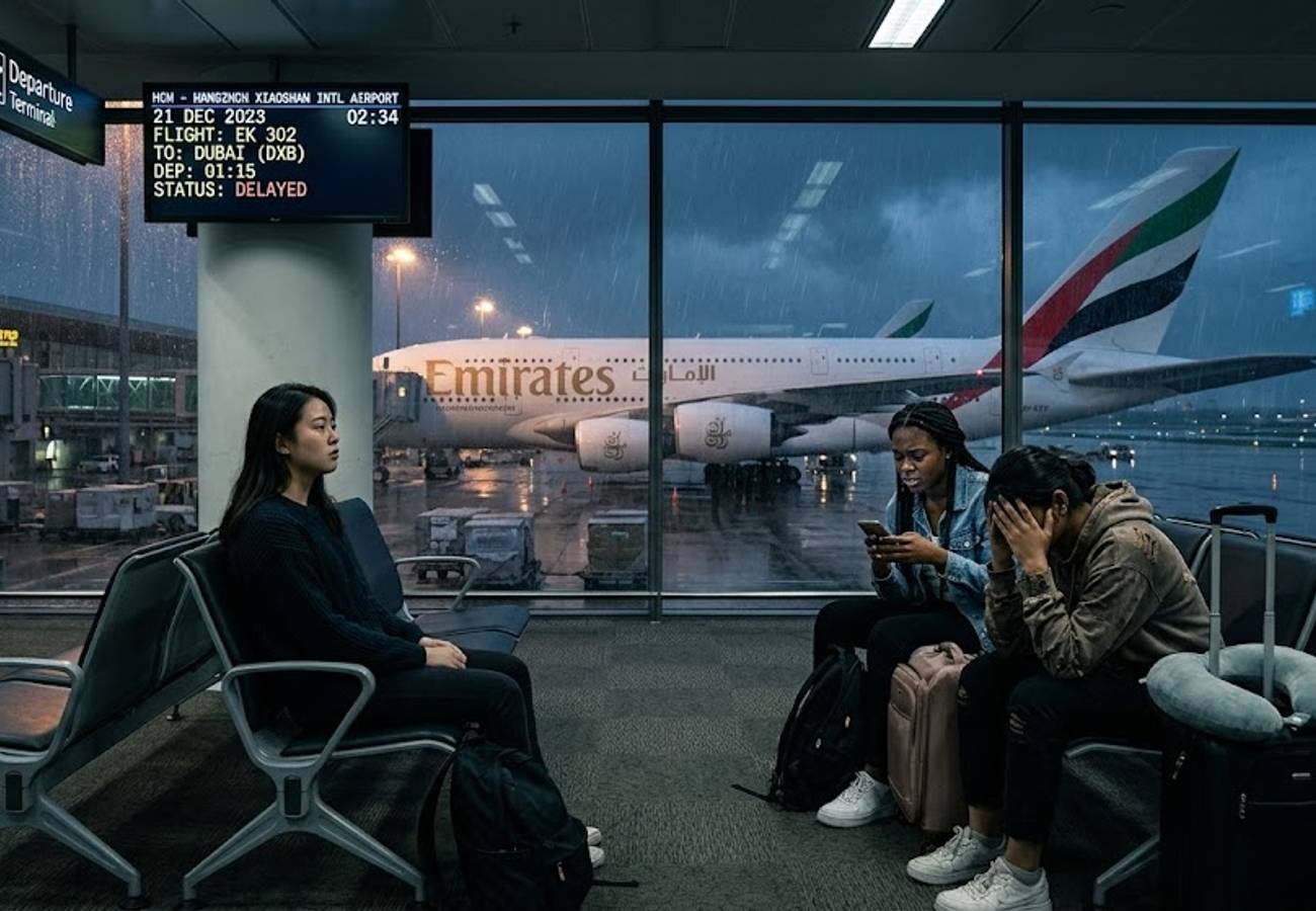Emirates Airbus A380 parked on remote stand at Hangzhou Xiaoshan International Airport during weather diversion