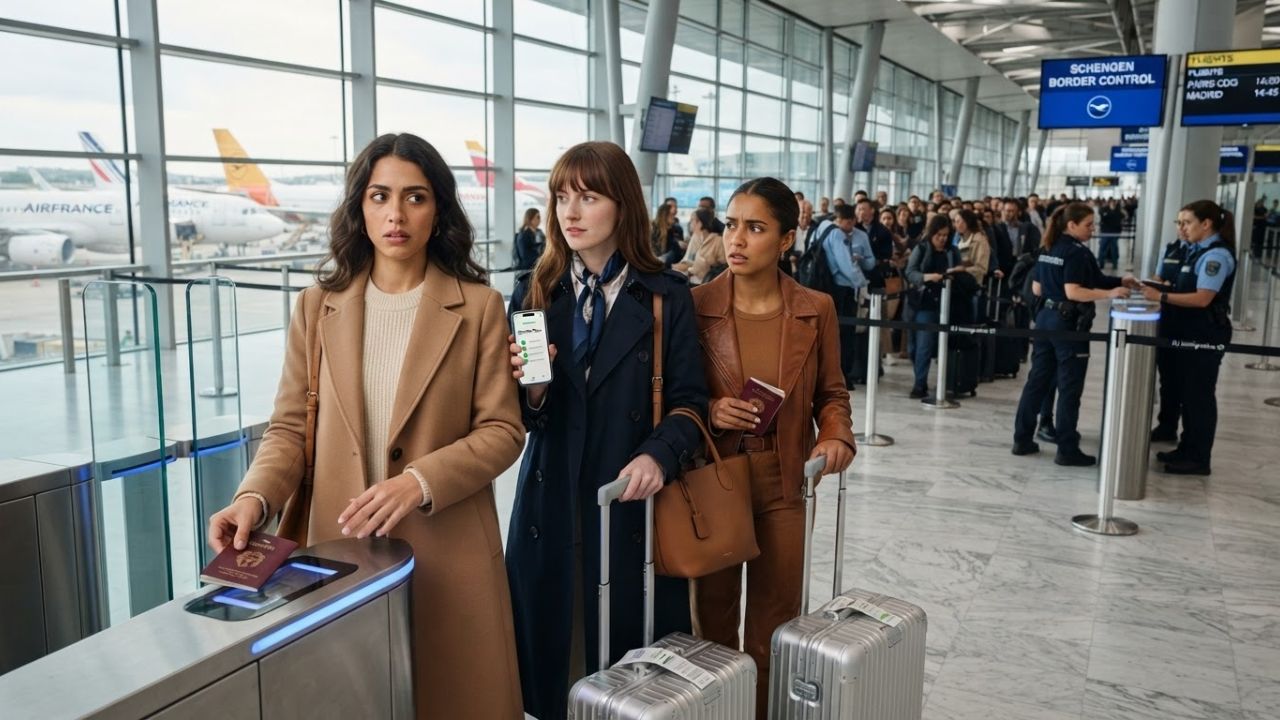 Automated biometric border control gates at a European airport terminal with passengers scanning passports