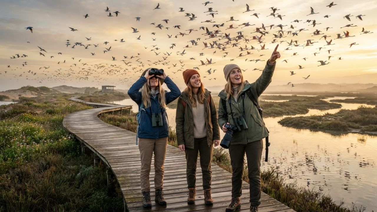 A birdwatcher looking through binoculars over a scenic coastal wetland lagoon
