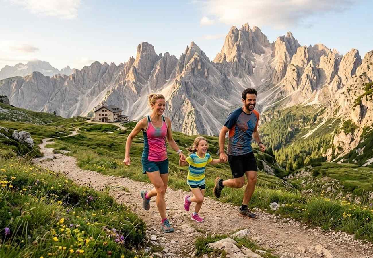 A runner on a scenic mountain trail in the European Alps