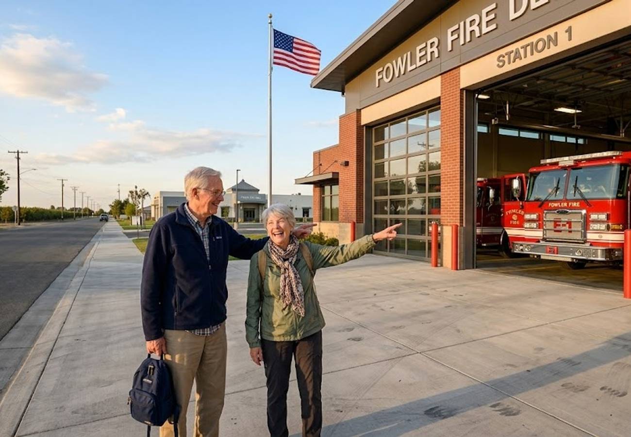 Fire Station 88 in Fowler with emergency vehicles parked outside