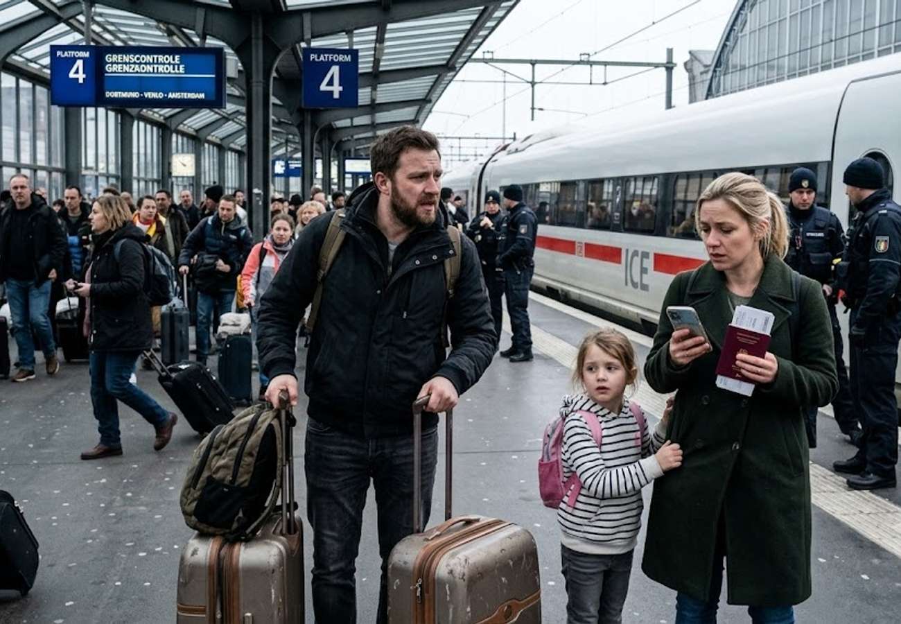 European border checkpoint with Schengen signage and travelers showing identity documents