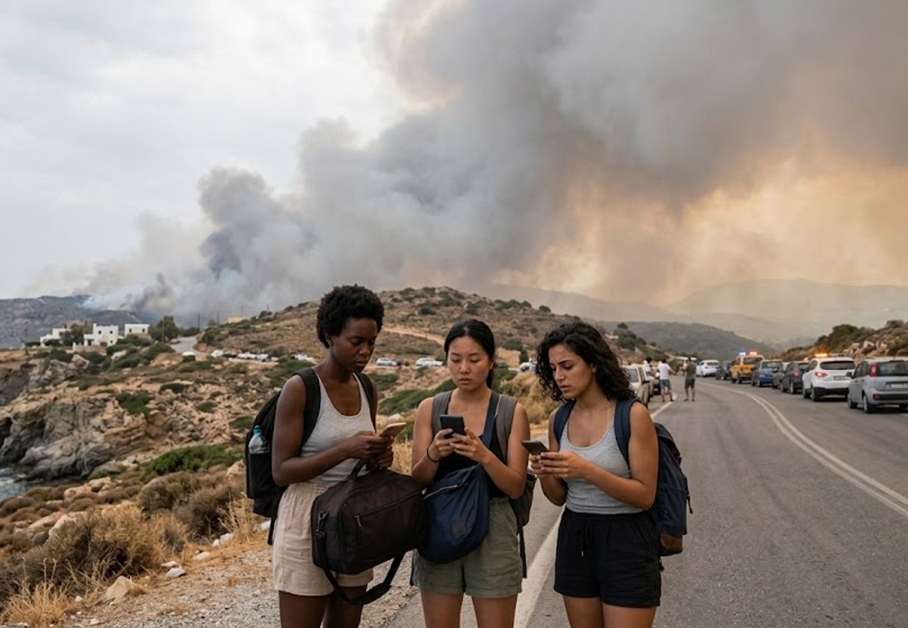 Wildfires burning near a coastal village in Crete, Greece