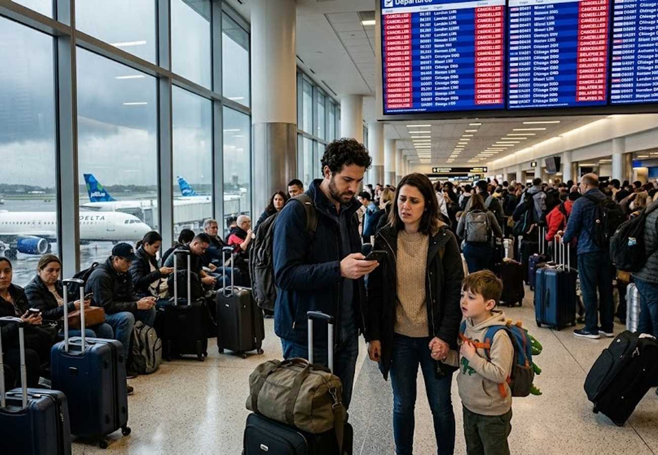 JetBlue aircraft grounded at a busy U.S. airport terminal