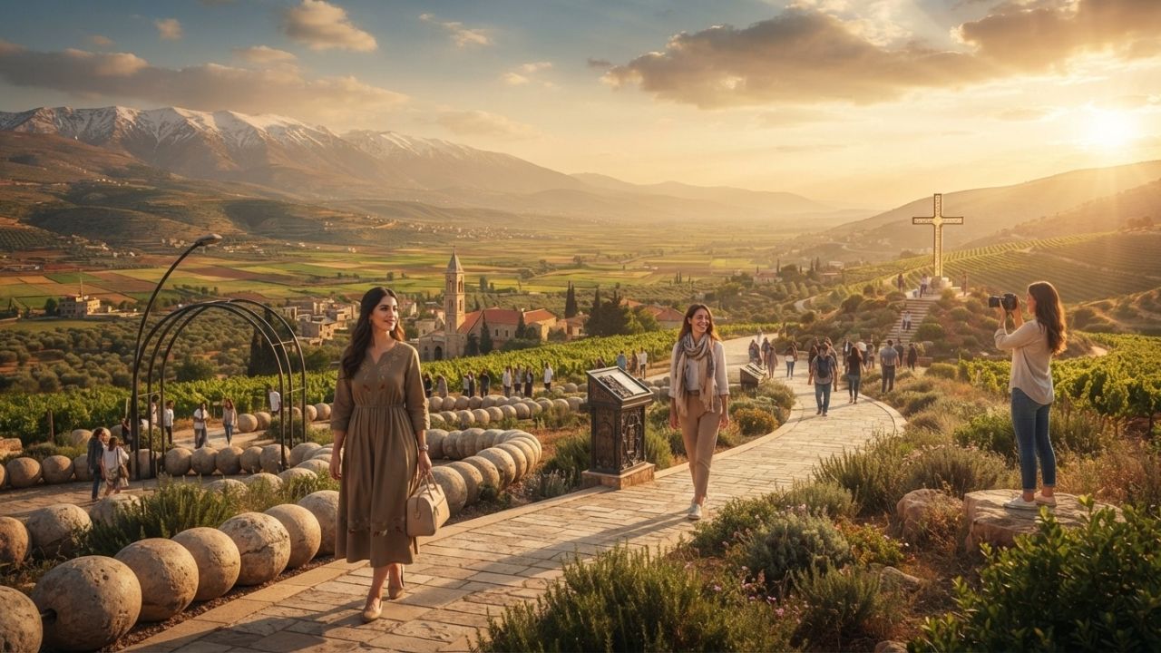 A majestic view of a giant walkable rosary path winding through the hills of Lebanon's Bekaa Valley.