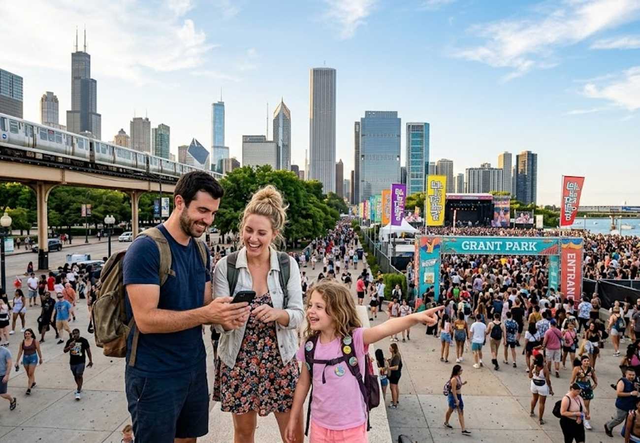 Aerial view of Grant Park in Chicago during a major outdoor music festival with large crowds and stages set up near the lakefront.