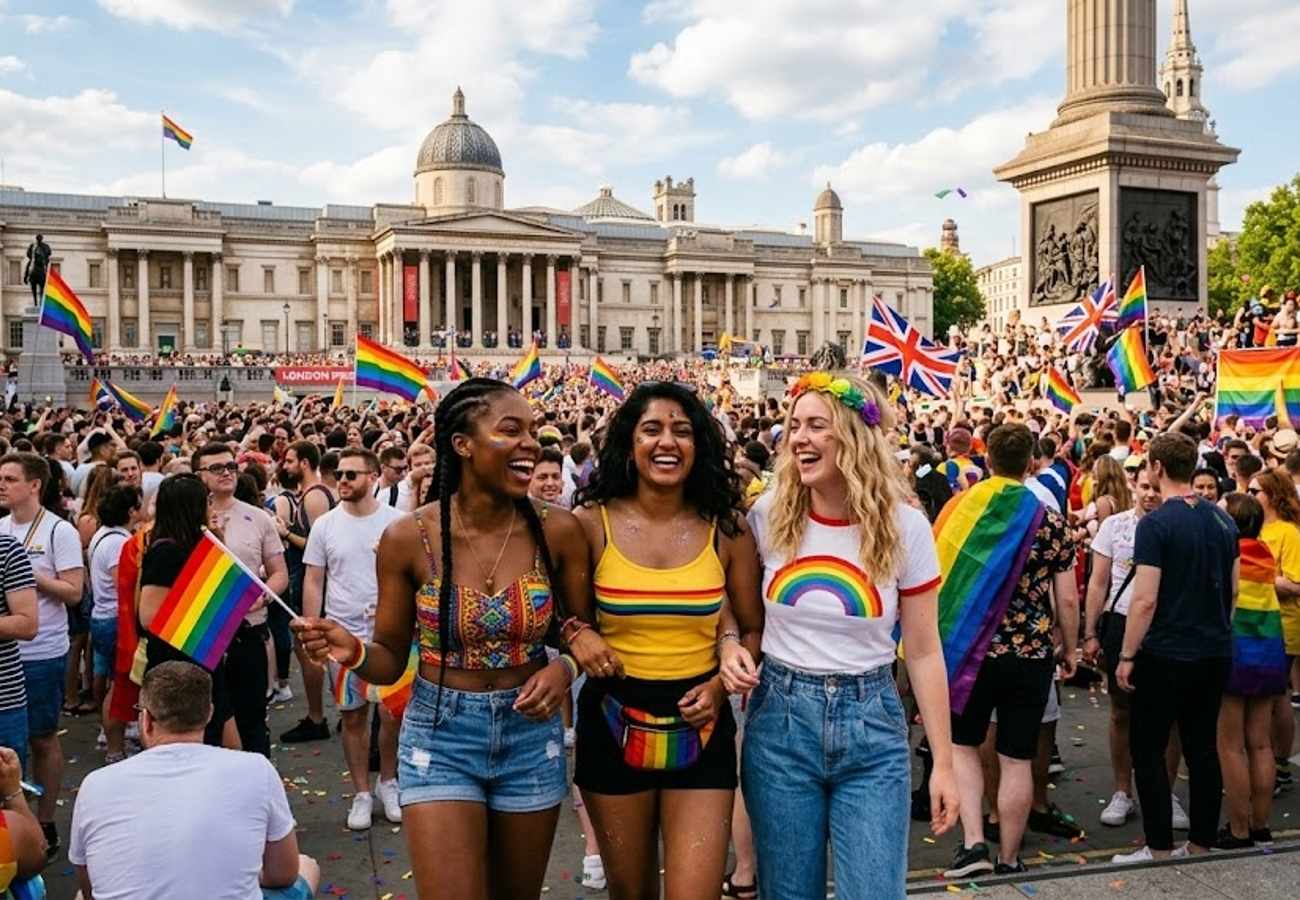 London Pride 2026 parade with rainbow flags and crowds in central London