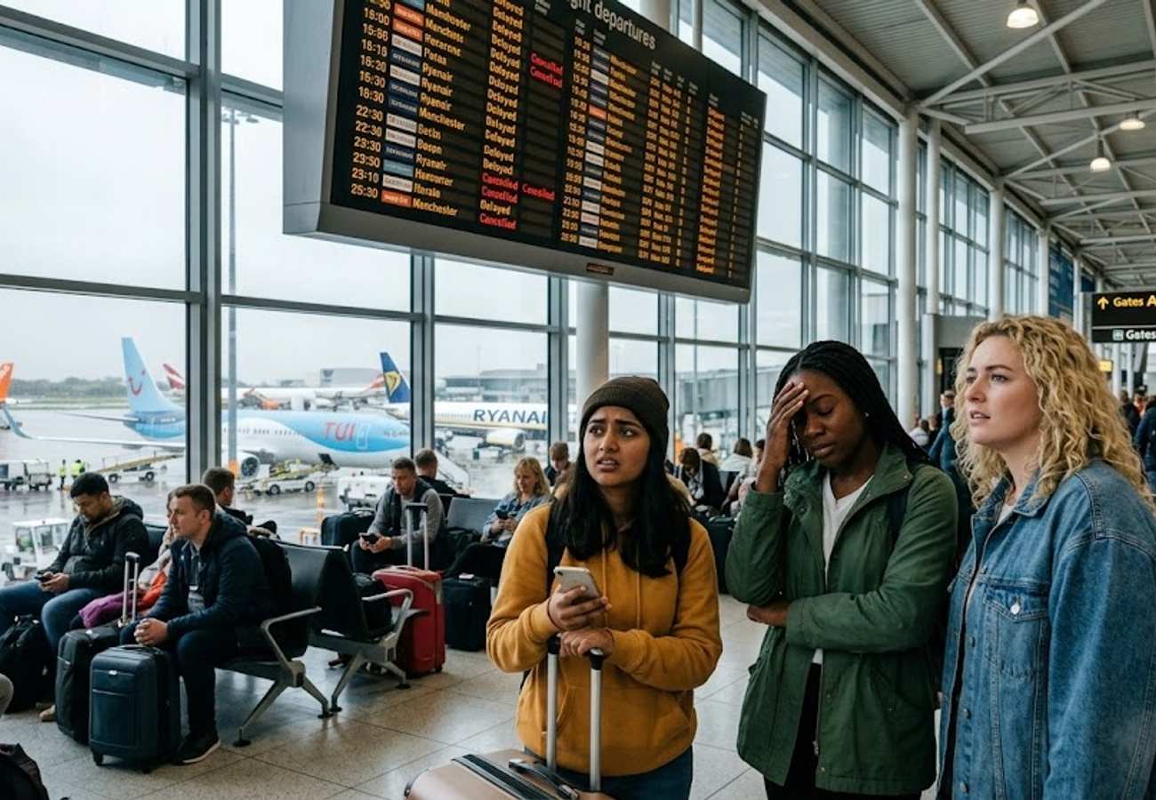 Passengers waiting in an airport terminal during flight delays