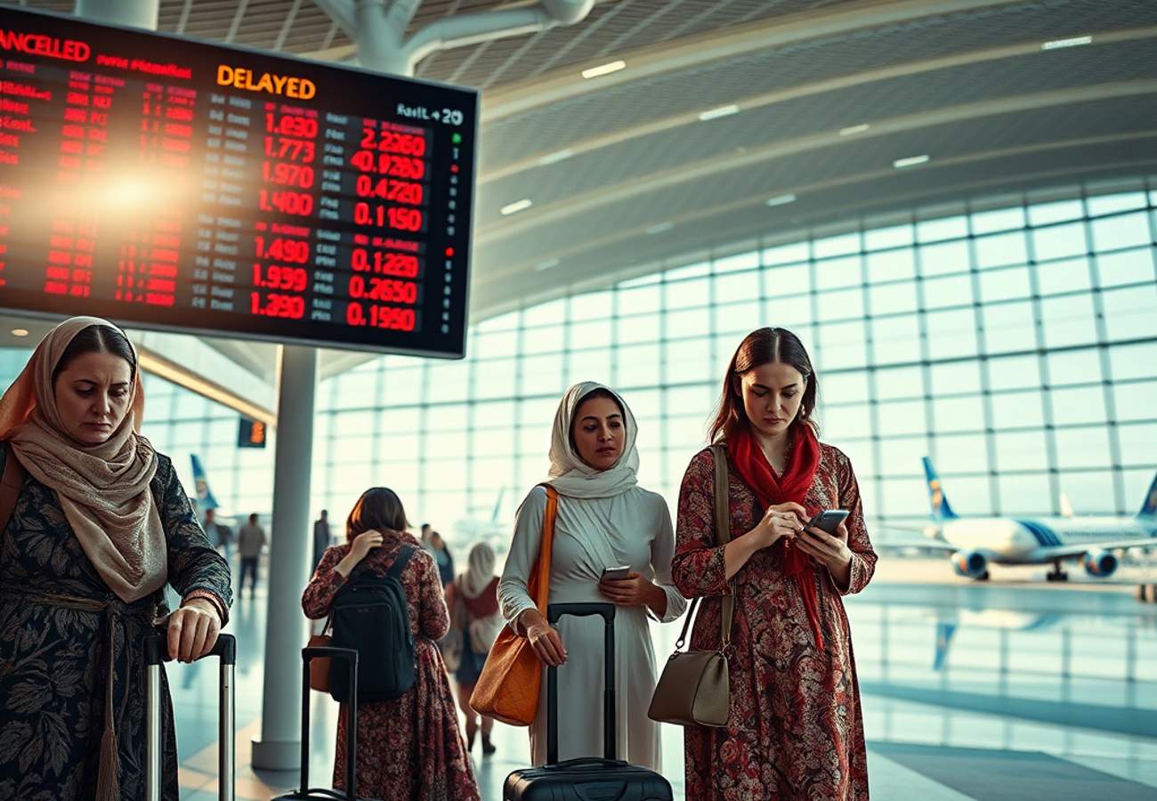 Middle East aviation hub disruption showing flight routing maps around Dubai, Doha, and Abu Dhabi during airspace closure