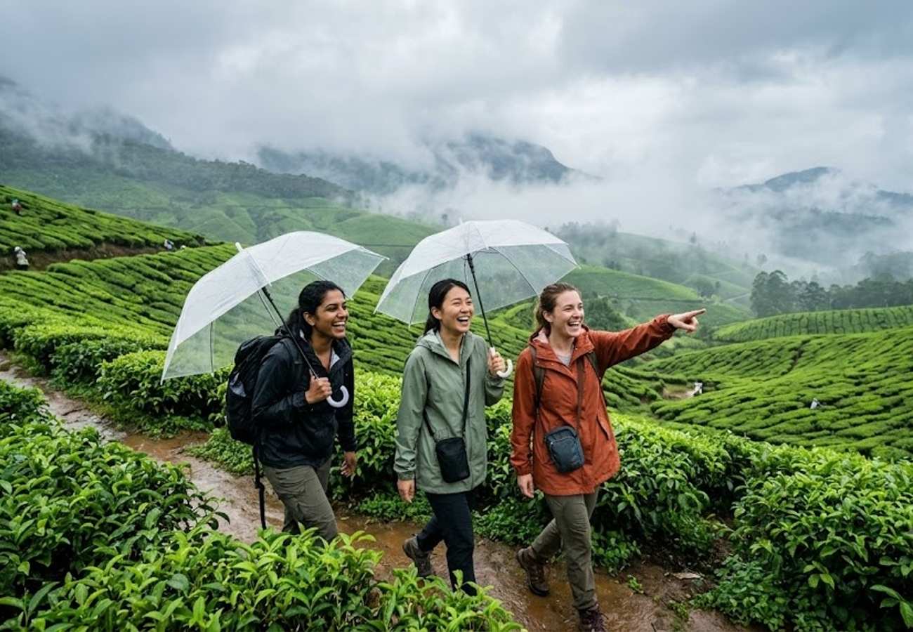 Misty green tea plantations in Munnar during the South India monsoon season