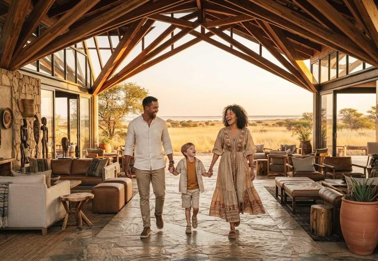 Aerial view of the reimagined Mokuti Etosha luxury safari resort in Namibia