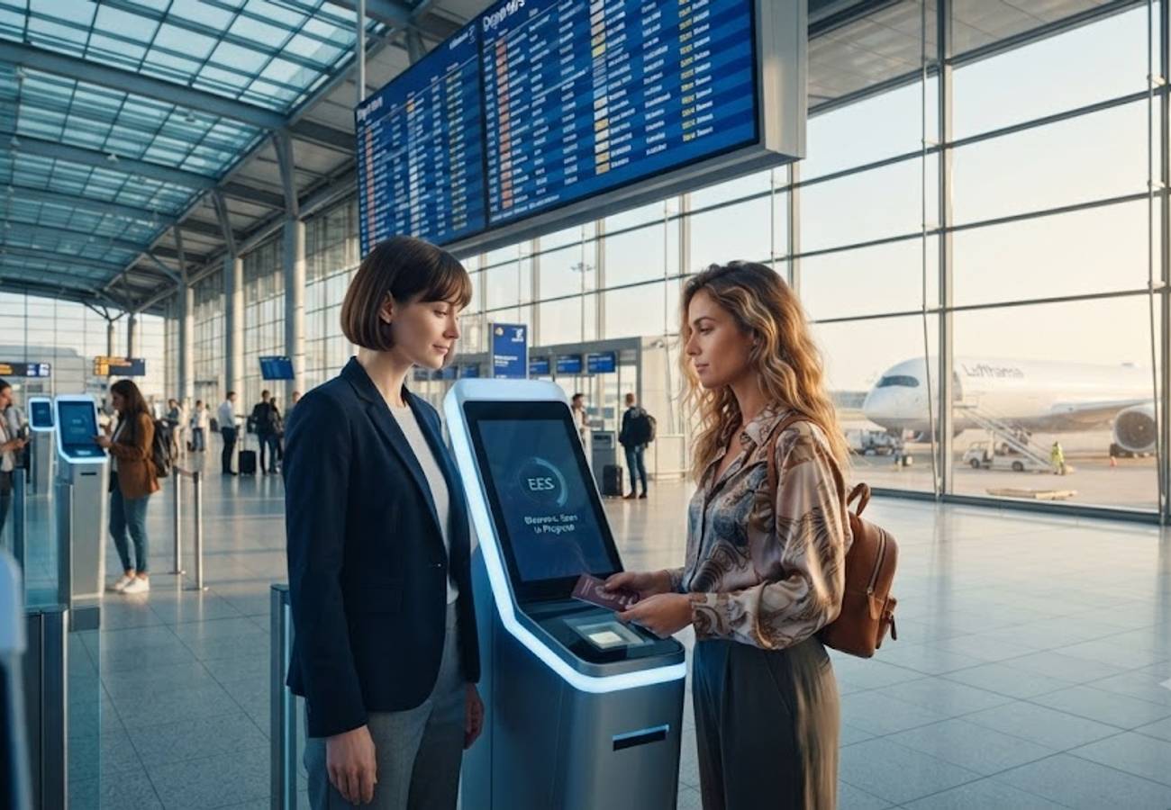 Digital biometric border control gates at a European airport terminal during Entry-Exit System implementation