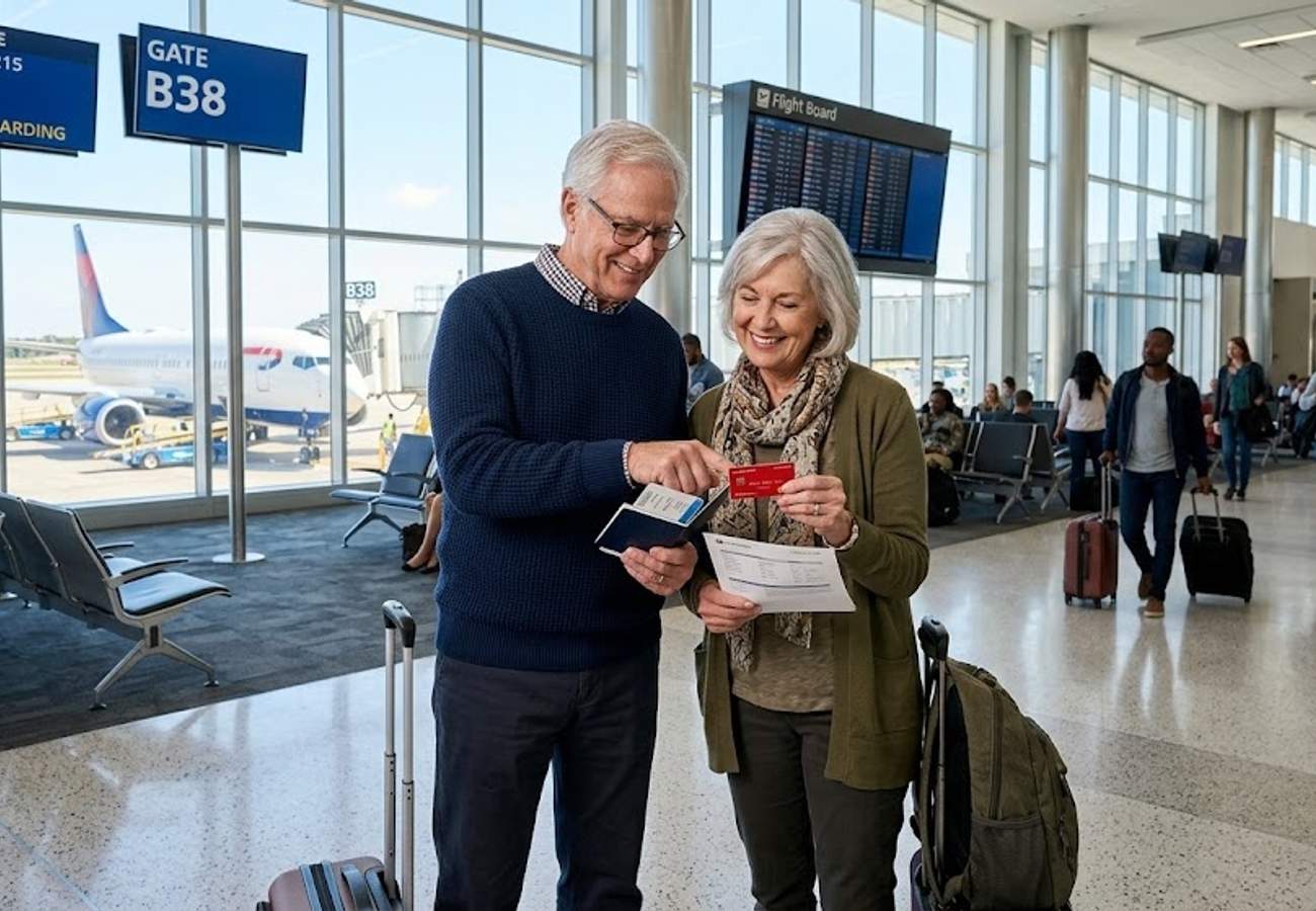 Family using PassportCard prepaid insurance card at an international airport check-in counter