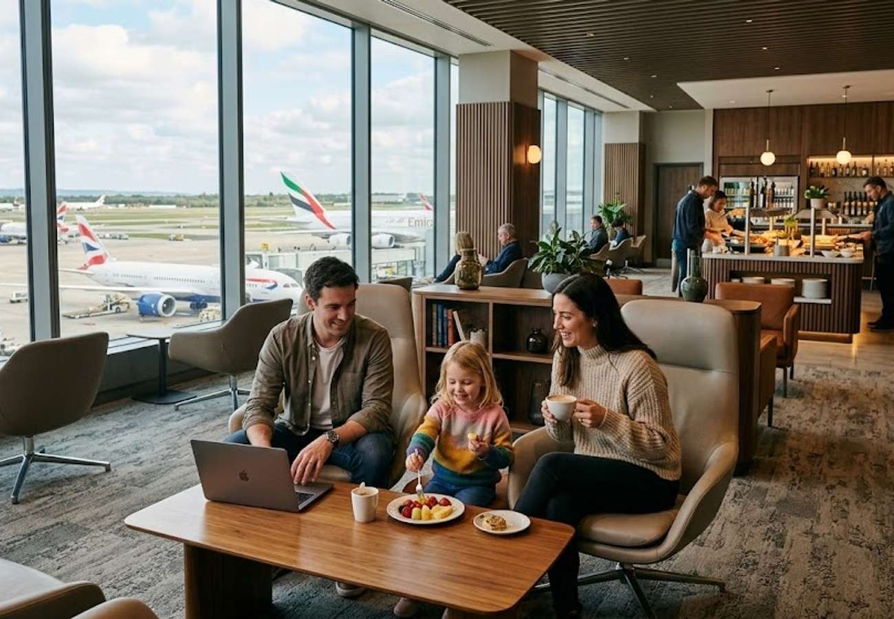 Interior of a Plaza Premium Lounge with seating and dining areas