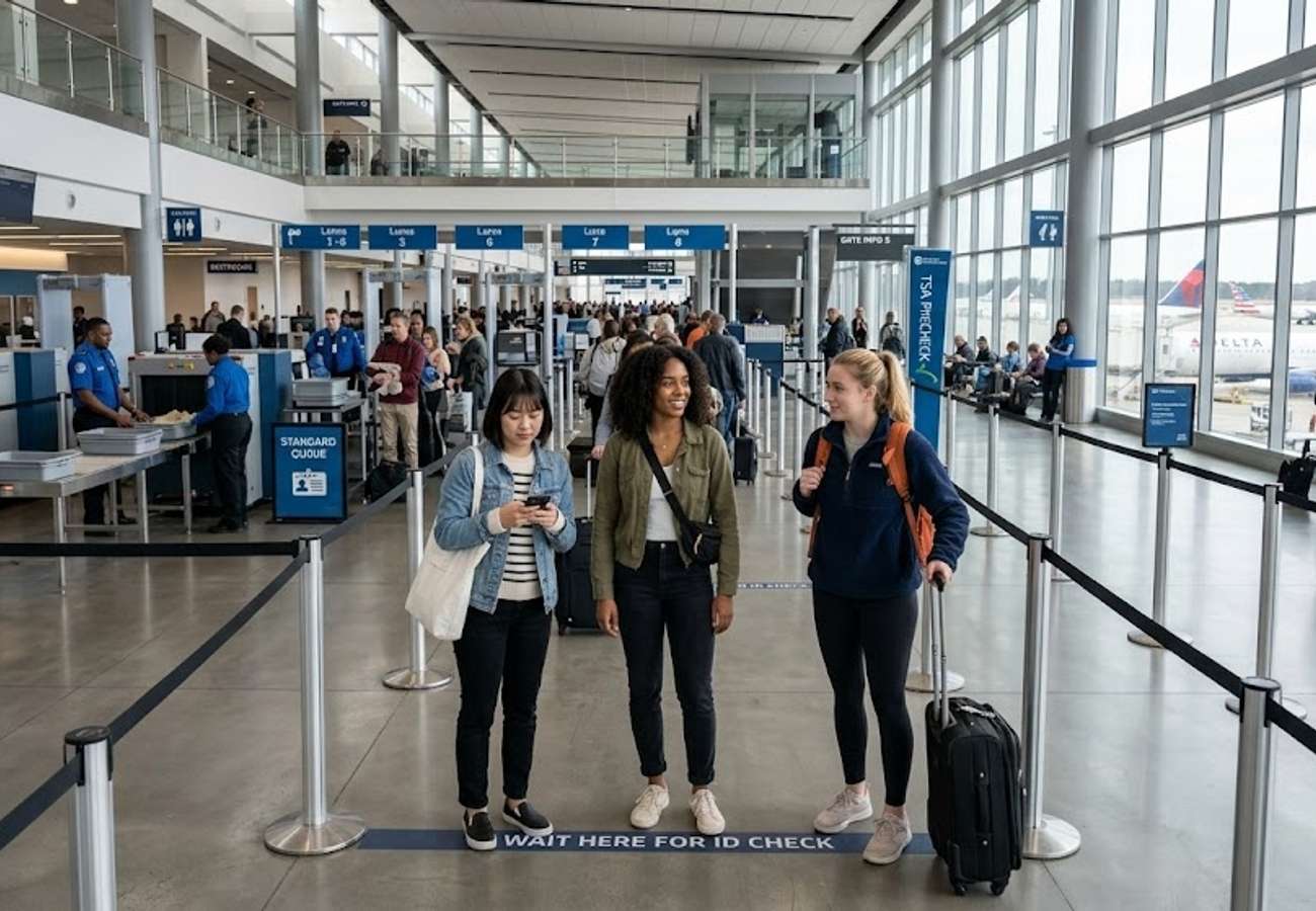 RDU Terminal 2 security checkpoint with travelers moving through screening lines