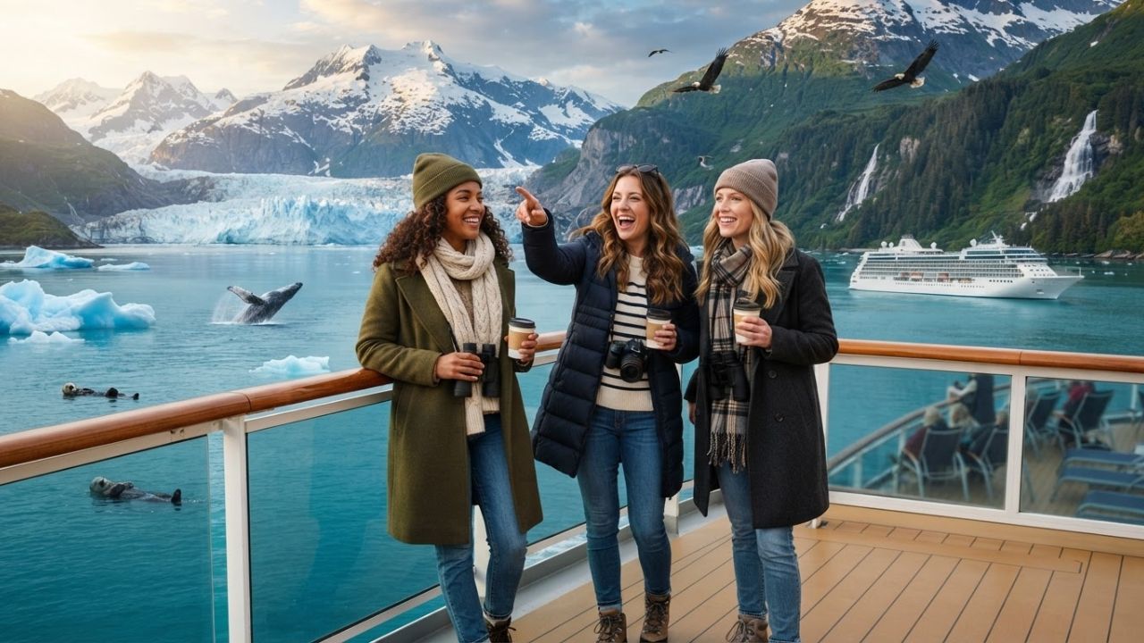 A large cruise ship sailing past snow-covered mountains and green pine forests in Alaska