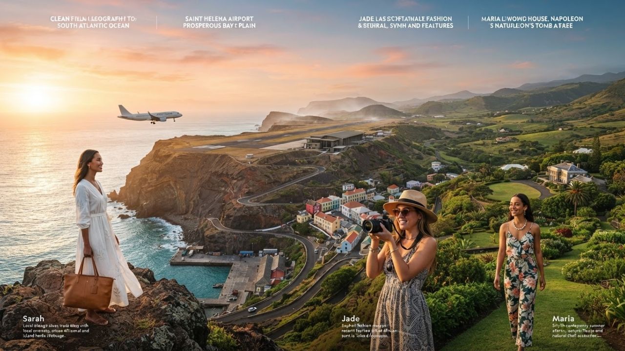 A passenger plane taking off from Saint Helena Airport above a coastal runway with rocky cliffs.