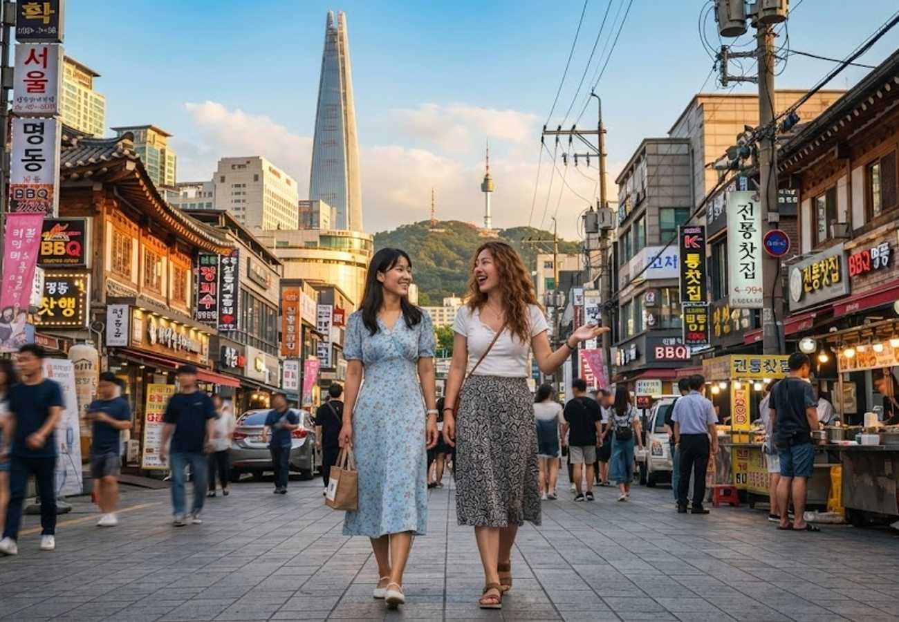 Seoul skyline at sunset with tourist crowds and modern architecture
