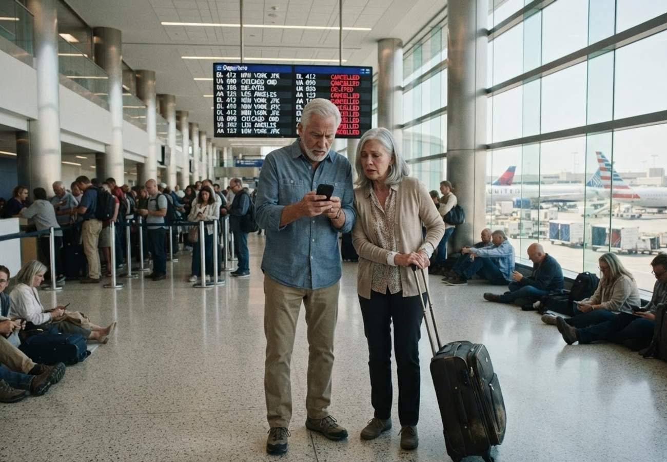 Airline passenger looking at flight departure board in a modern airport terminal