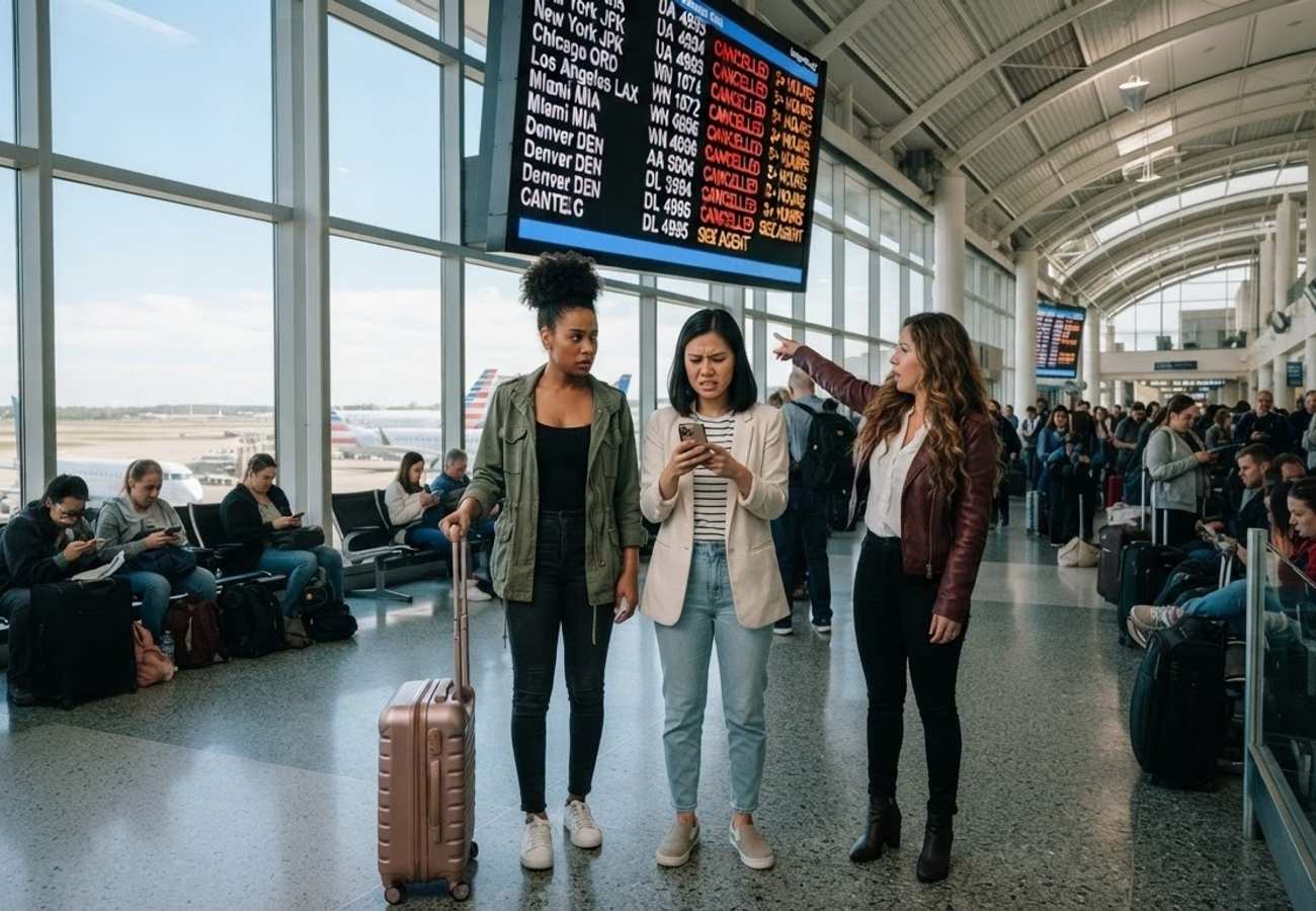 Airport flight board showing cancelled flights and travel disruption