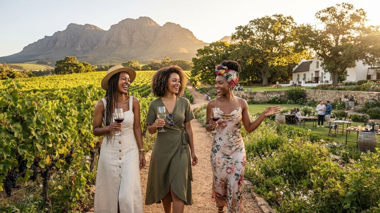 Vineyards surrounded by mountains in Stellenbosch, Cape Winelands, South Africa