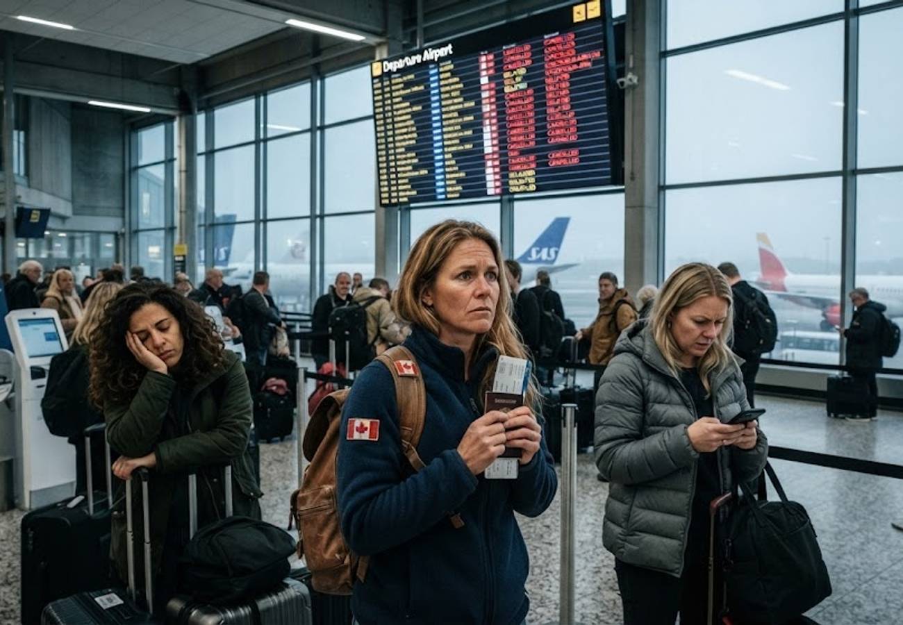 European airport border control with biometric scanning technology and traveller queues